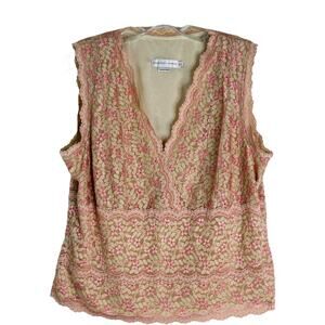 Garfield & Marks pink tan lace floral embroidered romantic top XL